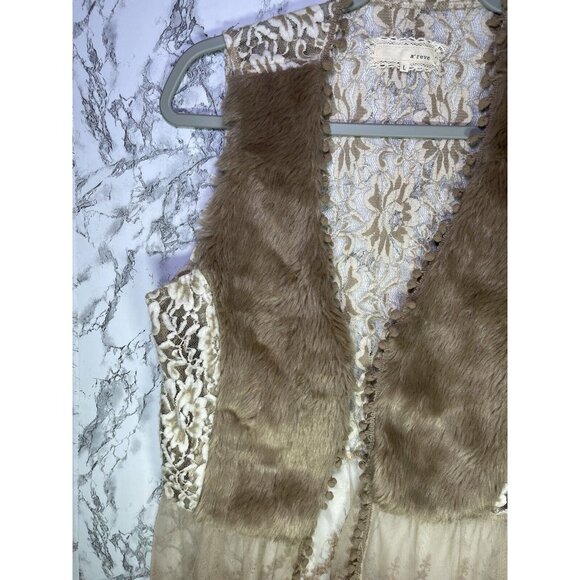 Anthropologie Faux Fur Vest SZ Large Brown Lace Boho Festival Hook Eye V Neck - Picture 3 of 12